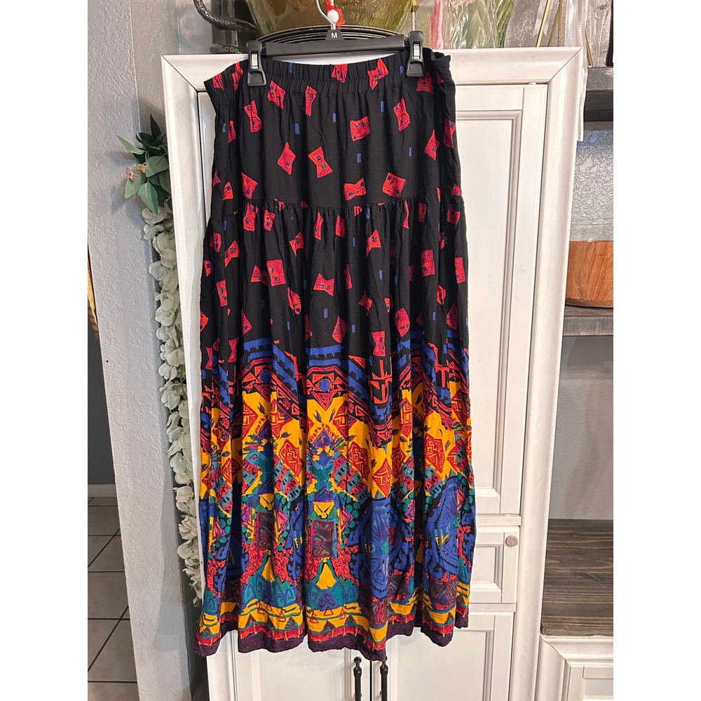 Vintage 90s LARGE Maxi Skirt Black‎ Multi Indie Boho Art Teacher Carole Little